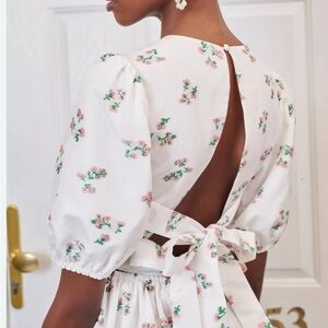 Sister Jane DREAM White Floral Mail Puff Sleeve Open Back Bow Tie Mini Dress S